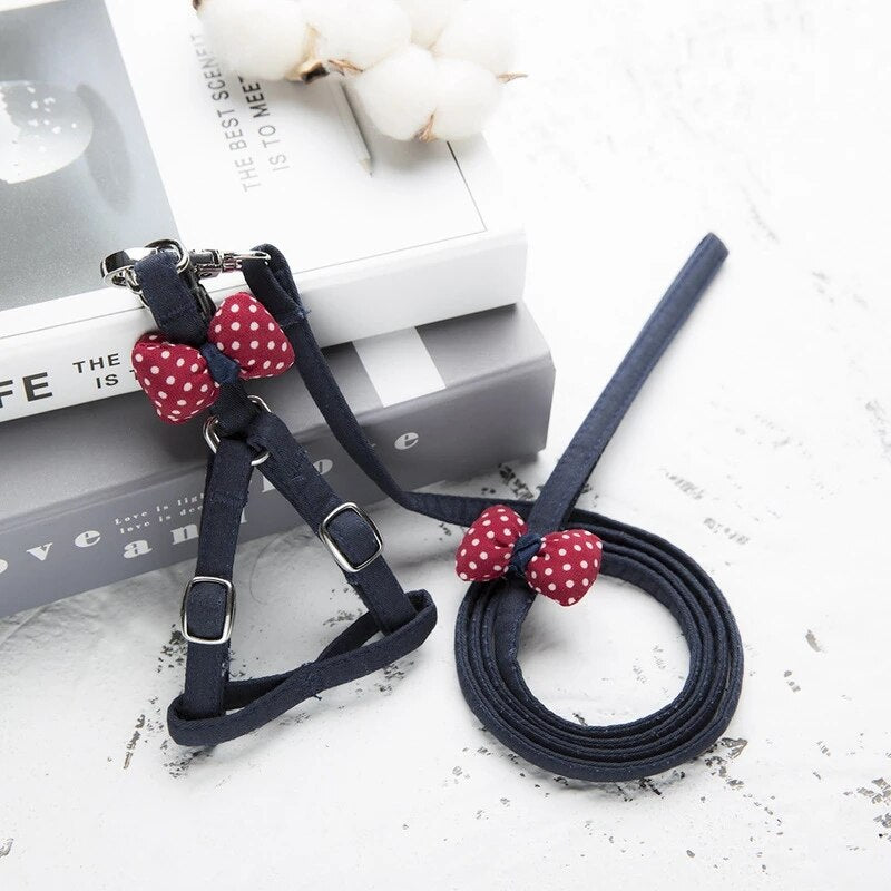 Adjustable Chest Strap With Buckle Rhinestone Cute Dog Harnesses Leashes Set Soft Suede Bow Pet Harness Outdoor Walking Collar