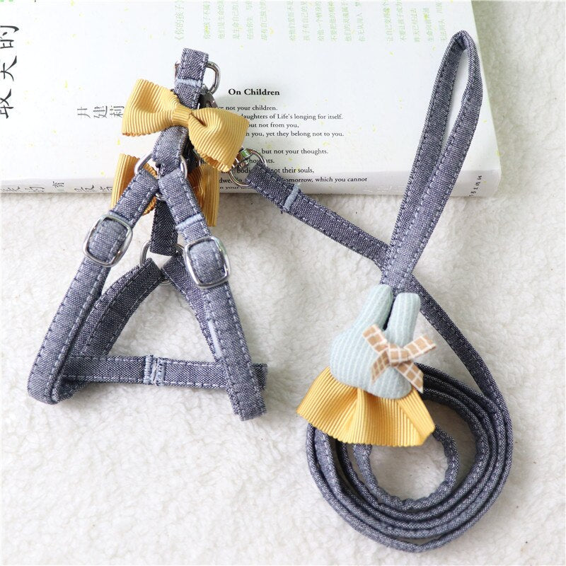 Adjustable Chest Strap With Buckle Rhinestone Cute Dog Harnesses Leashes Set Soft Suede Bow Pet Harness Outdoor Walking Collar