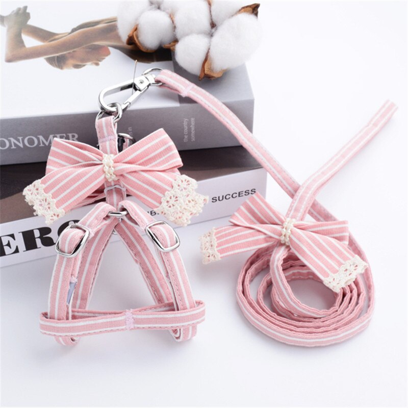 Adjustable Chest Strap With Buckle Rhinestone Cute Dog Harnesses Leashes Set Soft Suede Bow Pet Harness Outdoor Walking Collar