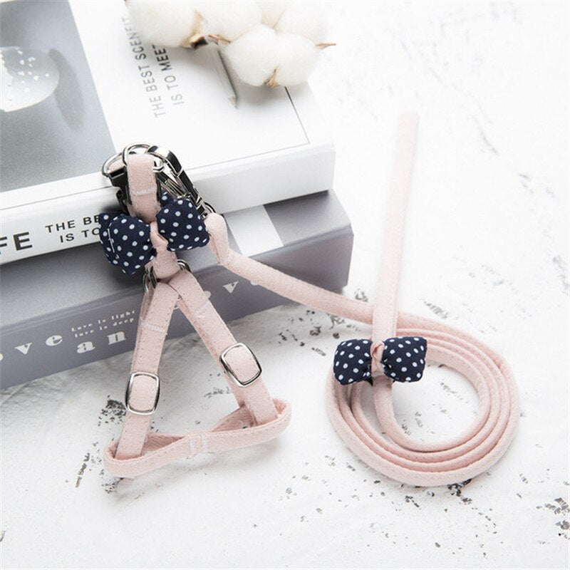 Adjustable Chest Strap With Buckle Rhinestone Cute Dog Harnesses Leashes Set Soft Suede Bow Pet Harness Outdoor Walking Collar