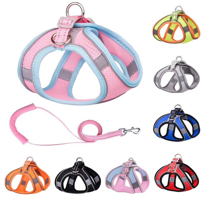 Breathable Puppy Mesh Harness Reflective Cat Collar Training Collar Harness Vest Small Puppy Adjustable Dogs Leads Chest Straps