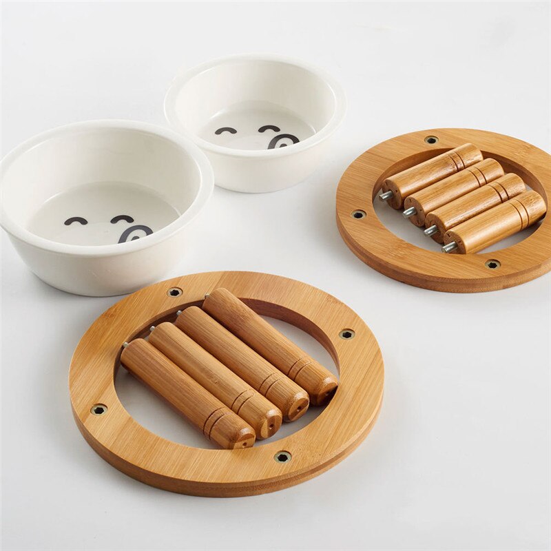 Cute Cat Bowl High-end Pet Bowl Bamboo Elevated Shelf Ceramic Feeding Drinking Bowls Standing Ceramic Cartoon Patterns Dog Bowls