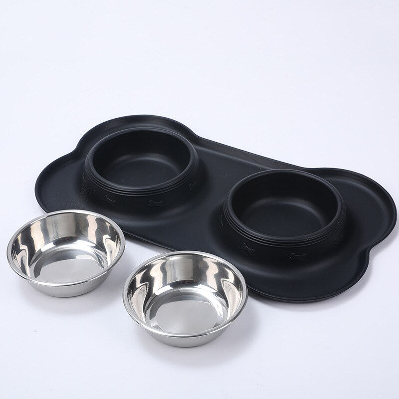 Dog Bowls Stainless Steel Feeding Dish Pet Drinking Bowl Food Feed Placement No Spill Non-Skid Silicone Mat Feeder Bowls for Pet