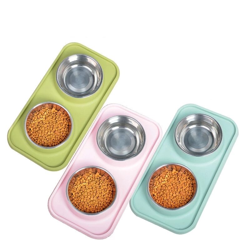 Waterproof Non-slip Pet Double Bowl With Mat Feeding Tray Supplies Pet Feeding Silicone Food Mat Dog Placemat Feeder Bowl