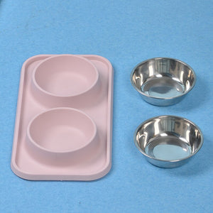 Waterproof Non-slip Pet Double Bowl With Mat Feeding Tray Supplies Pet Feeding Silicone Food Mat Dog Placemat Feeder Bowl