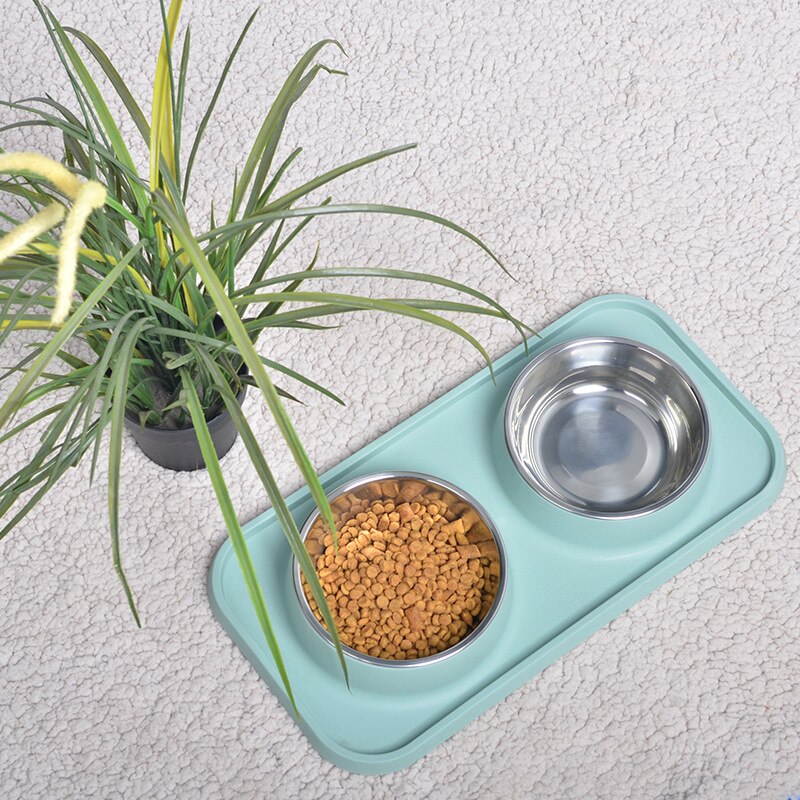 Waterproof Non-slip Pet Double Bowl With Mat Feeding Tray Supplies Pet Feeding Silicone Food Mat Dog Placemat Feeder Bowl