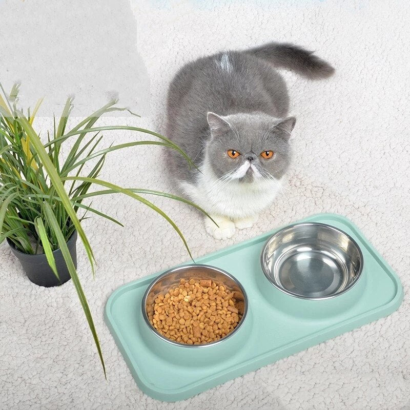 Waterproof Non-slip Pet Double Bowl With Mat Feeding Tray Supplies Pet Feeding Silicone Food Mat Dog Placemat Feeder Bowl